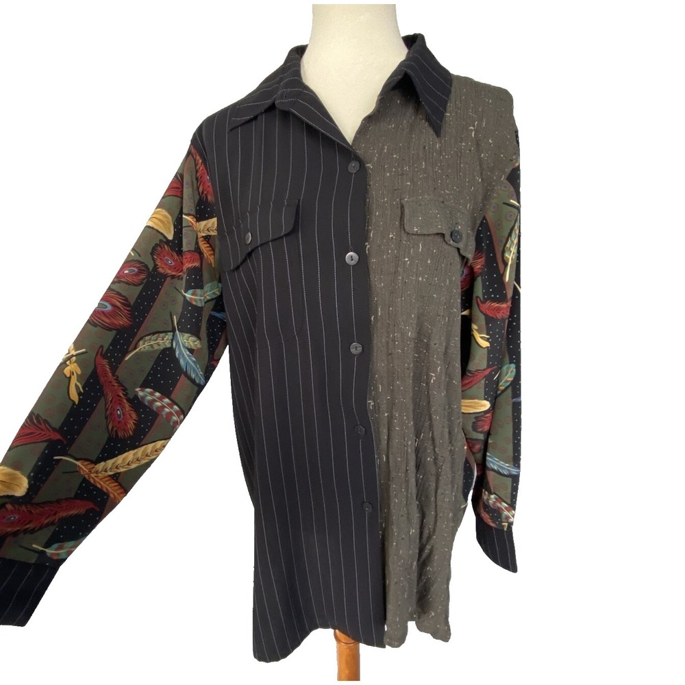 KOOS of Course Women L Shirt Blouse Long Sleeve Multicolor Feathers Button